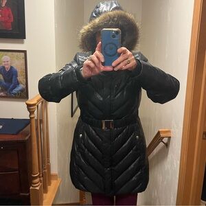 Black large puffy belted coat 50% down fill